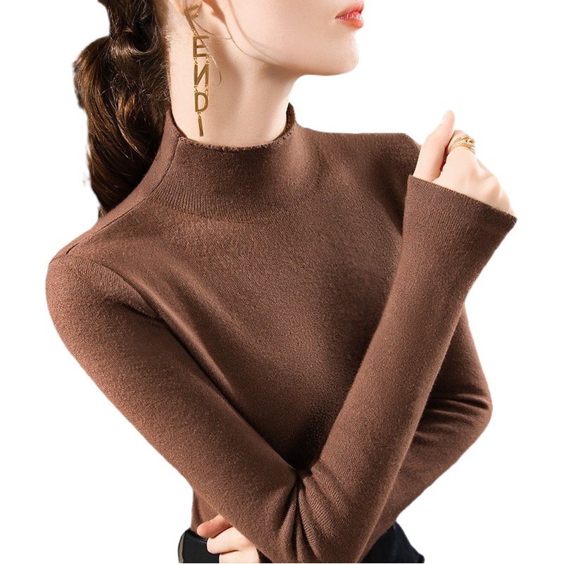 Medio cuello alto de las mujeres camisa de fondo de punto 2023 nuevas mujeres de color sólido engrosado suéter forrado de lana caliente superior interior