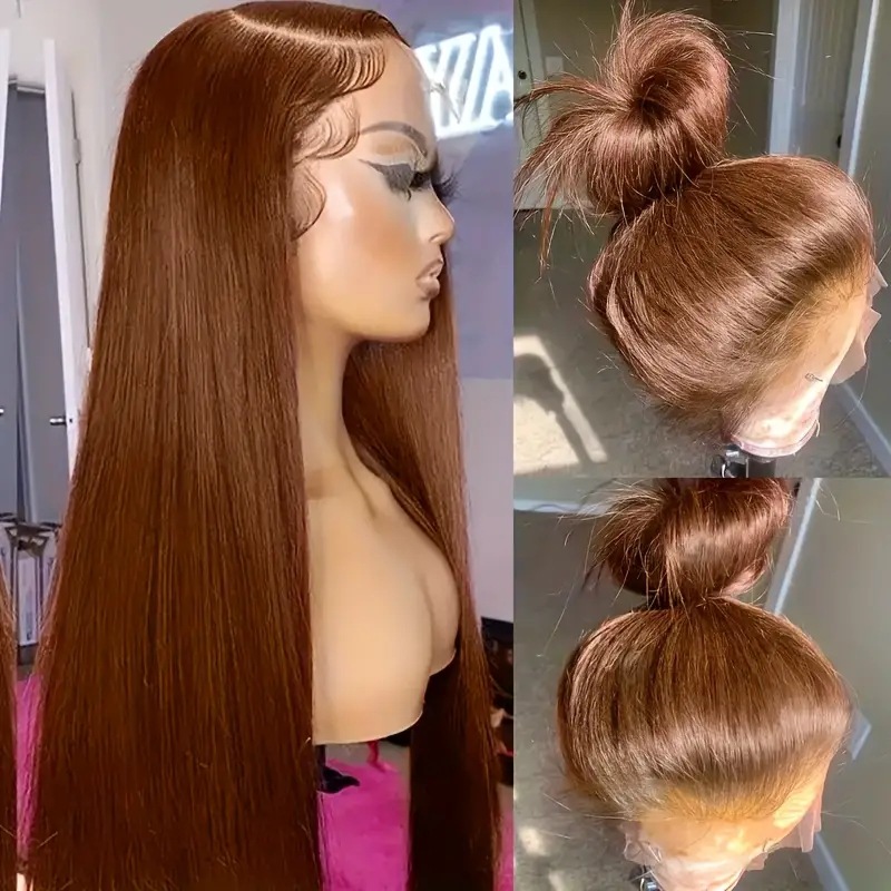 Parrucca lunga liscia con base in pizzo, castana, con capelli sintetici a copertura totale, extension per capelli alla moda e popolari._voghion.com