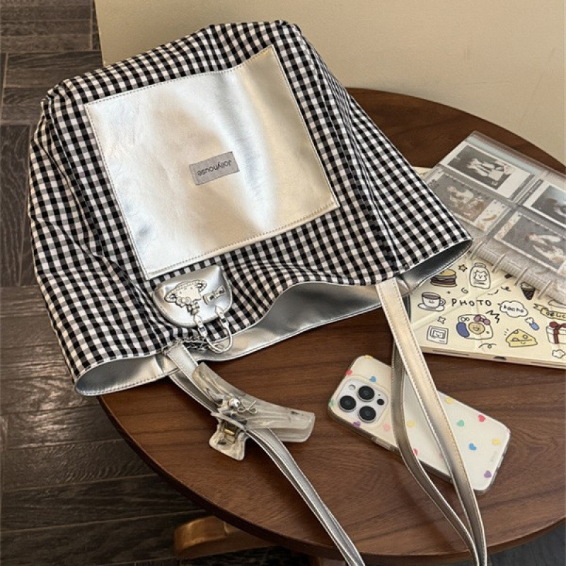 New Pu Double-Sided Women's Versatile Large-Capacity Plaid Shoulder Bag Simple Japanese-Style Solid Color Tote Bag Commuter Bag New Pu Double-Sided Women's Versatile Large-Capacity Plaid Shoulder Bag Simple Japanese-Style Solid Color Tote Bag Commuter Bag