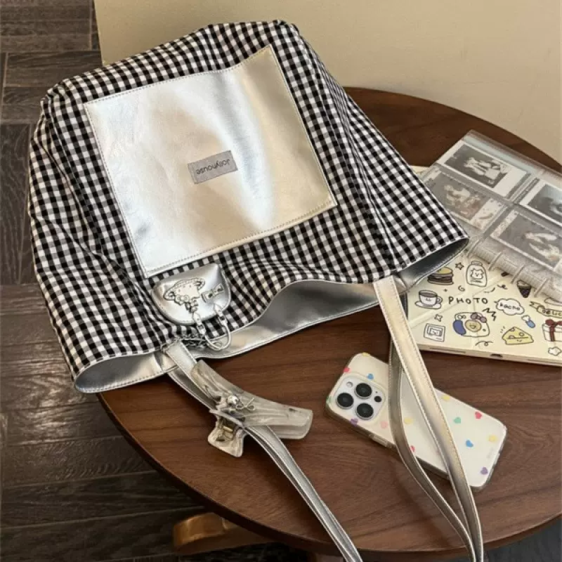 新款PU双面包女百搭大容量格子单肩包简约日系纯色托特包通勤包