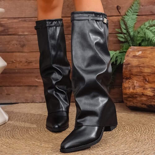 New Folded High Heel Fashion Boots Autumn New Thick Heel Plus Size British Style Long Leg Pants Boots for Women