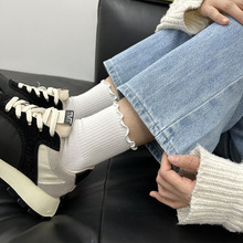 秋冬纯色百搭韩国东大门进口袜子女kikiya批发代购木耳边中筒棉袜