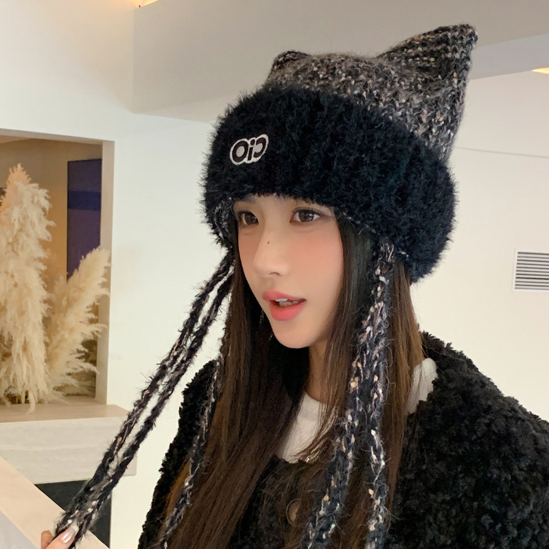 冬天帽子女粗毛线飘带针织帽字母刺绣护耳保暖帽韩系撞色款毛线帽|undefined