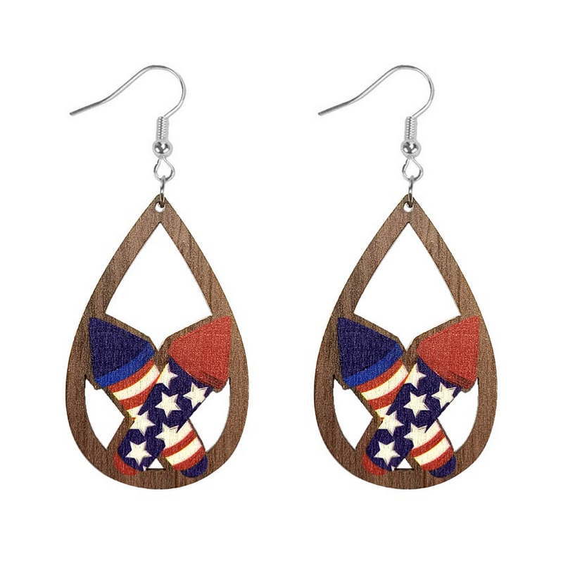 1 Pair Retro Simple Style National Flag Water Droplets Printing Wood Drop Earrings display picture 8