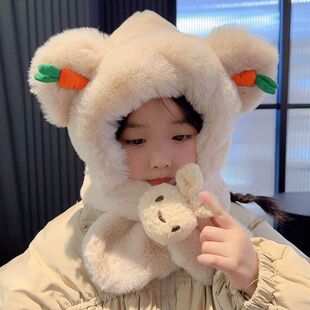 Children's radish rabbit cap winter scarf all-in-one cap boys warm plush cap girls baby windproof ear protection cap