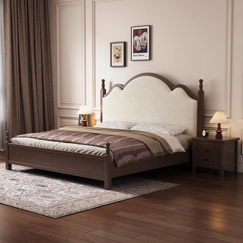 American Retro Solid Wood Bed, French Retro Bed, Genuine Leather Upholstered Mid-Century Style Bed, Small Apartment B&B High Box Storage Bed American Retro Solid Wood Bed, French Retro Bed, Genuine Leather Upholstered Mid-Century Style Bed, Small Apartment B&B High Box Storage Bed