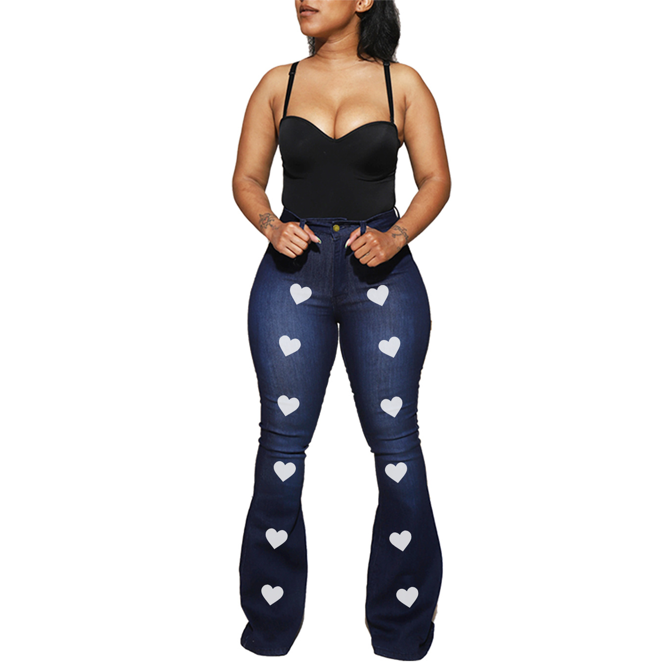 Plus Size High Waist Printed Slim Flared Jeans NSWL116079
