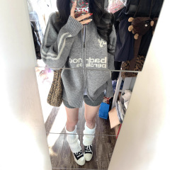 棒球风翻领拉链毛衣开衫外套女秋装新款慵懒风韩版宽松针织衫上衣