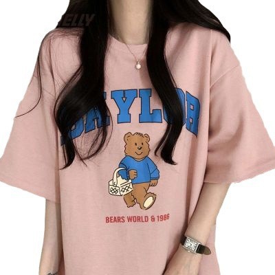 アニメ半袖tシャツ夏ゆるいベアープリント丸首半袖ins香港風ヒップホップ潮牌半袖服