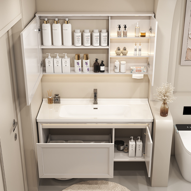 Gabinete de baño personalizado de cerámica de roble combinado de alto grado tallado gabinete lavabo roble inteligente horneado