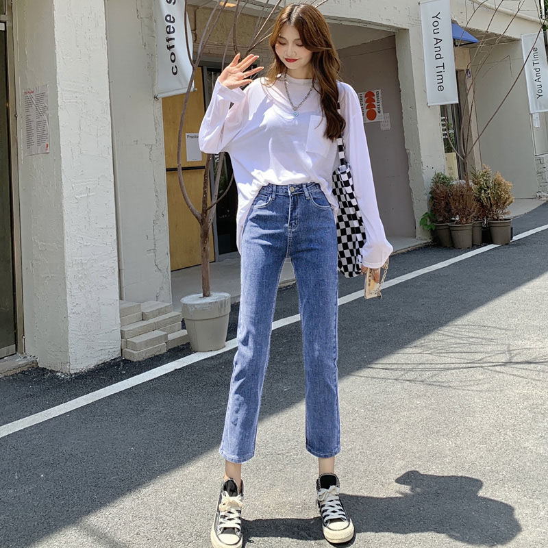 High Waist Straight Jeans Women's Autumn and Winter 2021 New Loose Slimming All-match Stretch Smoke Tube Cropped Pants