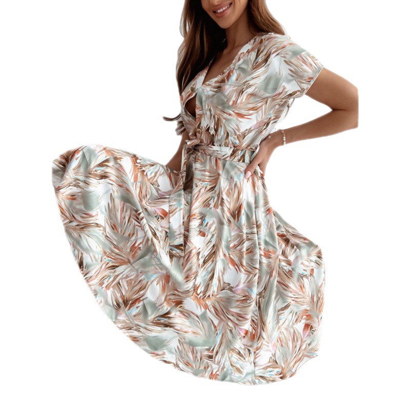 Amazon new European and American style fashionable printed V-neck short sleeve large swing dress women