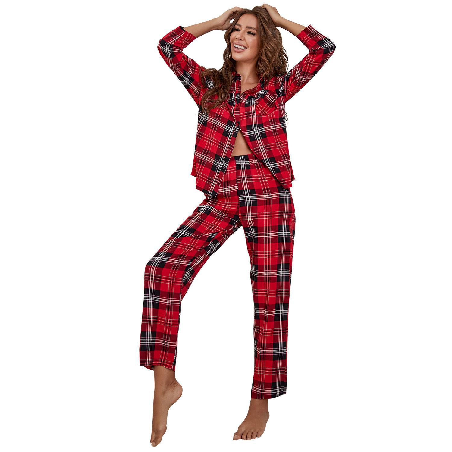 women red plaid long sleeved autumn and winter home clothes two piece set that can be worn outside foreign trade  _voghion.com