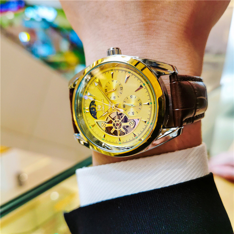 Ogulas hueco-hacia fuera gran volante automático reloj mecánico reloj de los hombres impermeable luminoso fase lunar reloj multifuncional 1781