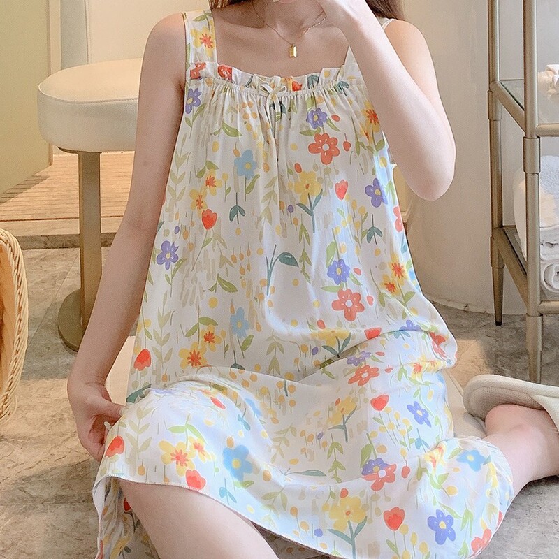 Cotton Silk Floral Square-Neck Tank Dress Cotton Silk Nightgown Summer Cool Fresh Fashion Versatile Sleepwear Cotton Silk Floral Square-Neck Tank Dress Cotton Silk Nightgown Summer Cool Fresh Fashion Versatile Sleepwear