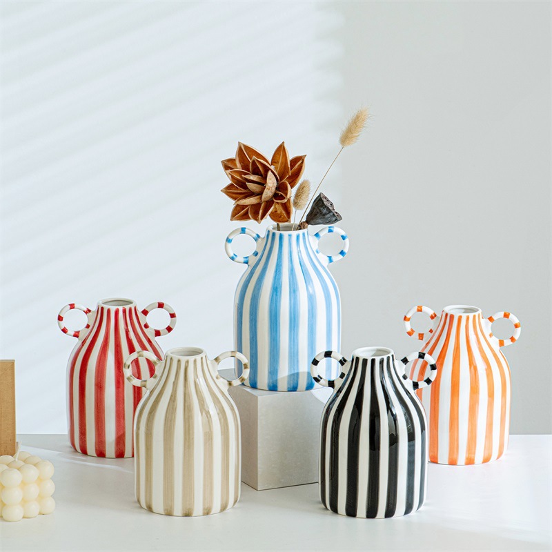 Nordic Striped Hand-Painted Morandi Ceramic Vase, High-End Living Room Flower Arrangement, Creative Home Desktop Decoration Ornaments