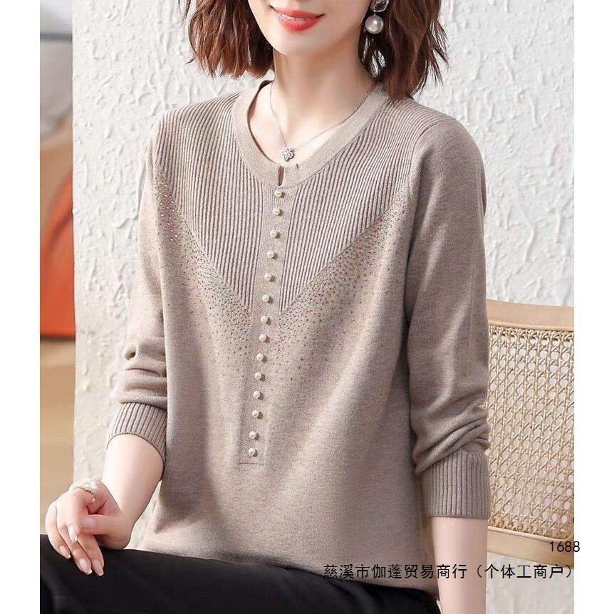 新款时尚妈妈针织中老年针织衫长袖打底春秋毛衣洋气女装宽松上衣