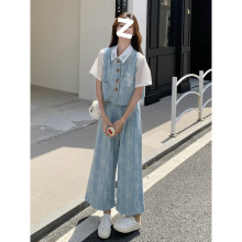 蓝色森系气质扎染套装女2025夏新款时尚马甲衬衫短袖阔腿裤三件套