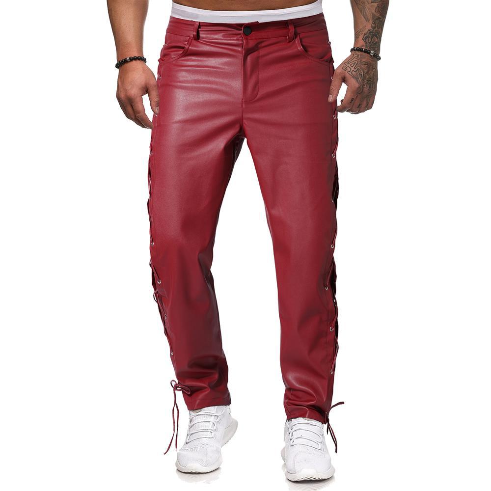 Pantalon en cuir décontracté de grande taille pour hommes avec sangle en PU de couleur unie 2024_voghion.com