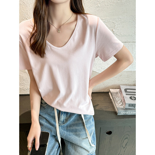 2024 New Loose V-neck Right Shoulder Short Sleeve T-shirt Women's Summer Large Size T-shirt High-end Clothes Belly Covering T-shirt