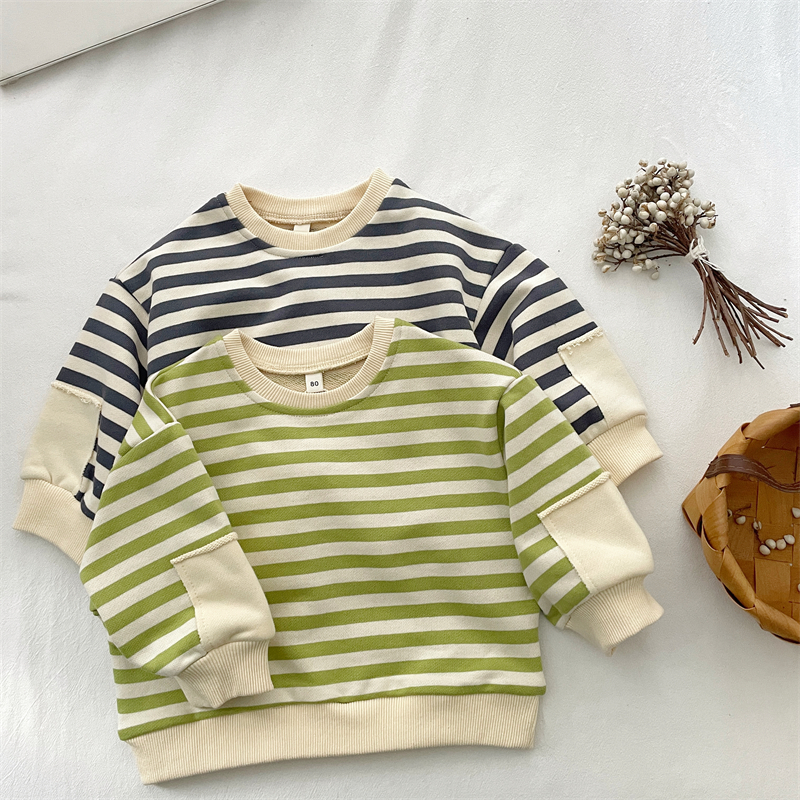 兒童春秋款補丁條紋衛衣男童女童純棉打底衫寶寶中性慵懶風套頭衫