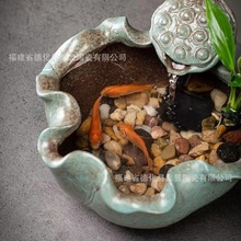 新中式陶瓷小型喷泉循环流水招财鱼缸摆件办公室桌面加湿器装饰品