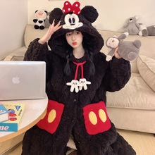 小批量定制冬季三层夹棉珊瑚绒加绒加厚防寒保暖连帽睡袍长裤套装