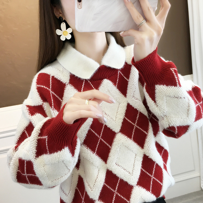 Spring and Autumn New Style Doll Collar Fake Two-Piece Tops for Women, Winter Sweaters, Thickened New Year and Spring Festival Popular Inner Wear