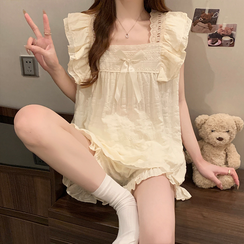 ネットセレブスタイルサスペンダーパジャマ女性の夏薄いクラウドコットン 2025 新しい夏のネグリジェホームウェアセット|undefined