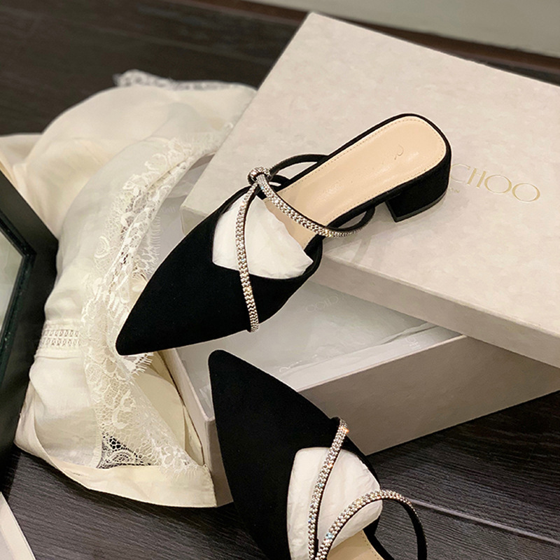 Punta cerrada media zapatillas de tacón grueso de las mujeres rhinestone señaló boca baja estilo coreano zapatos de mujer 2023 primavera nueva moda ropa de abrigo sandalias