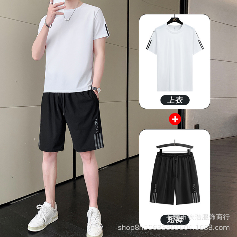 Traje deportivo casual de seda de hielo para hombre de manga corta de verano Ruan Pantalones cortos de secado rápido para hombres de dos piezas Camiseta de talla grande para hombre image 1