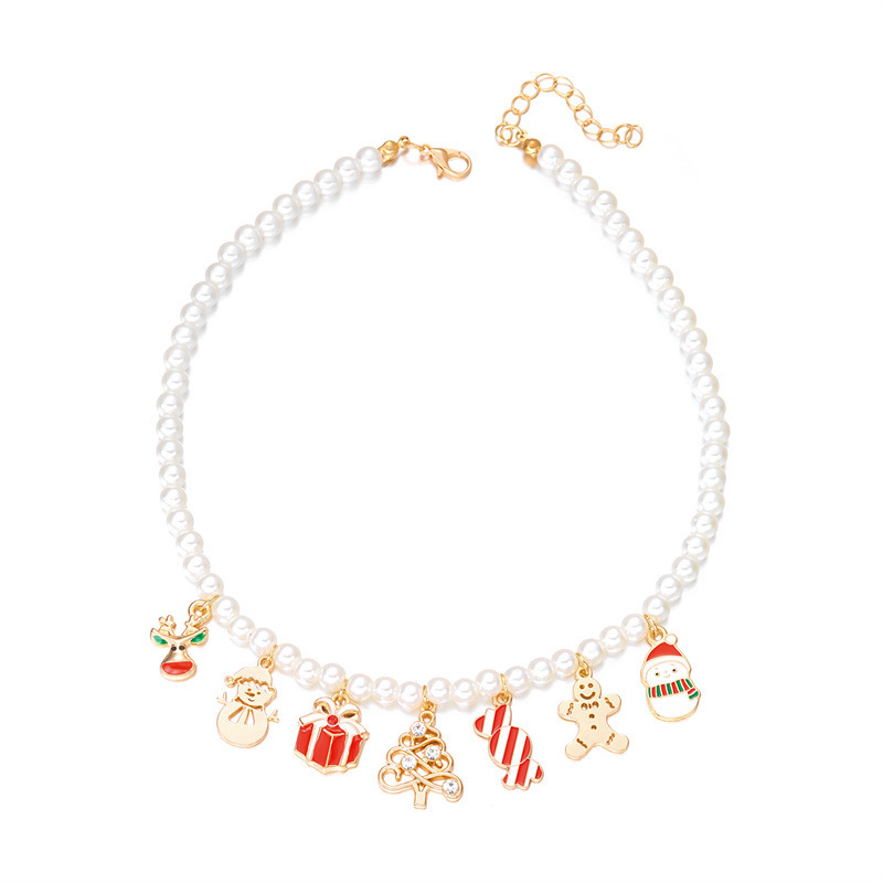 Collana con ciondolo natalizio in perle, collana natalizia placcata in oro con ciondoli a forma di Babbo Natale, albero e pan di zenzero, regalo festivo e gioiello quotidiano_voghion.com