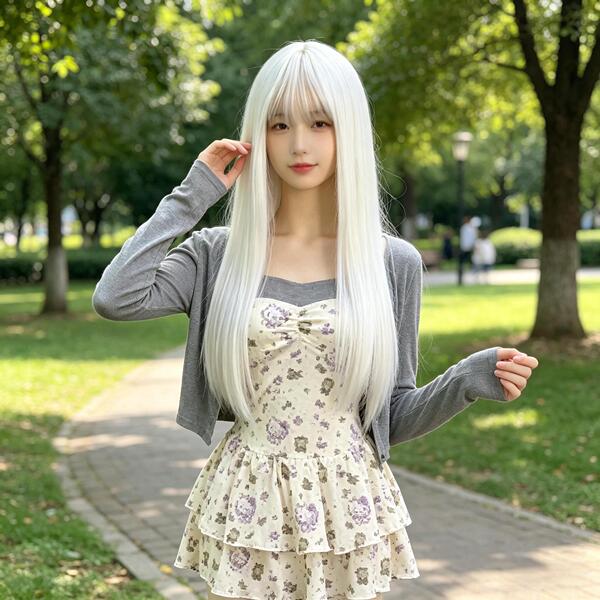 Anime wig female long hair white air air bangs long straight hair…