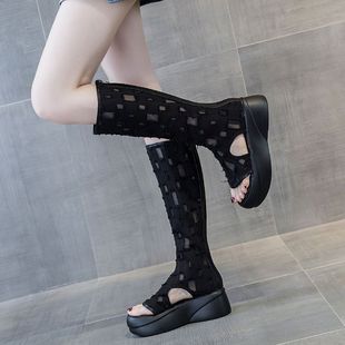 Summer Puffin Thick Bottom Clip Toe Roman Boots Side Empty Breathable Mesh Denim Stitching High Boots Fashion Women's Cool Boots