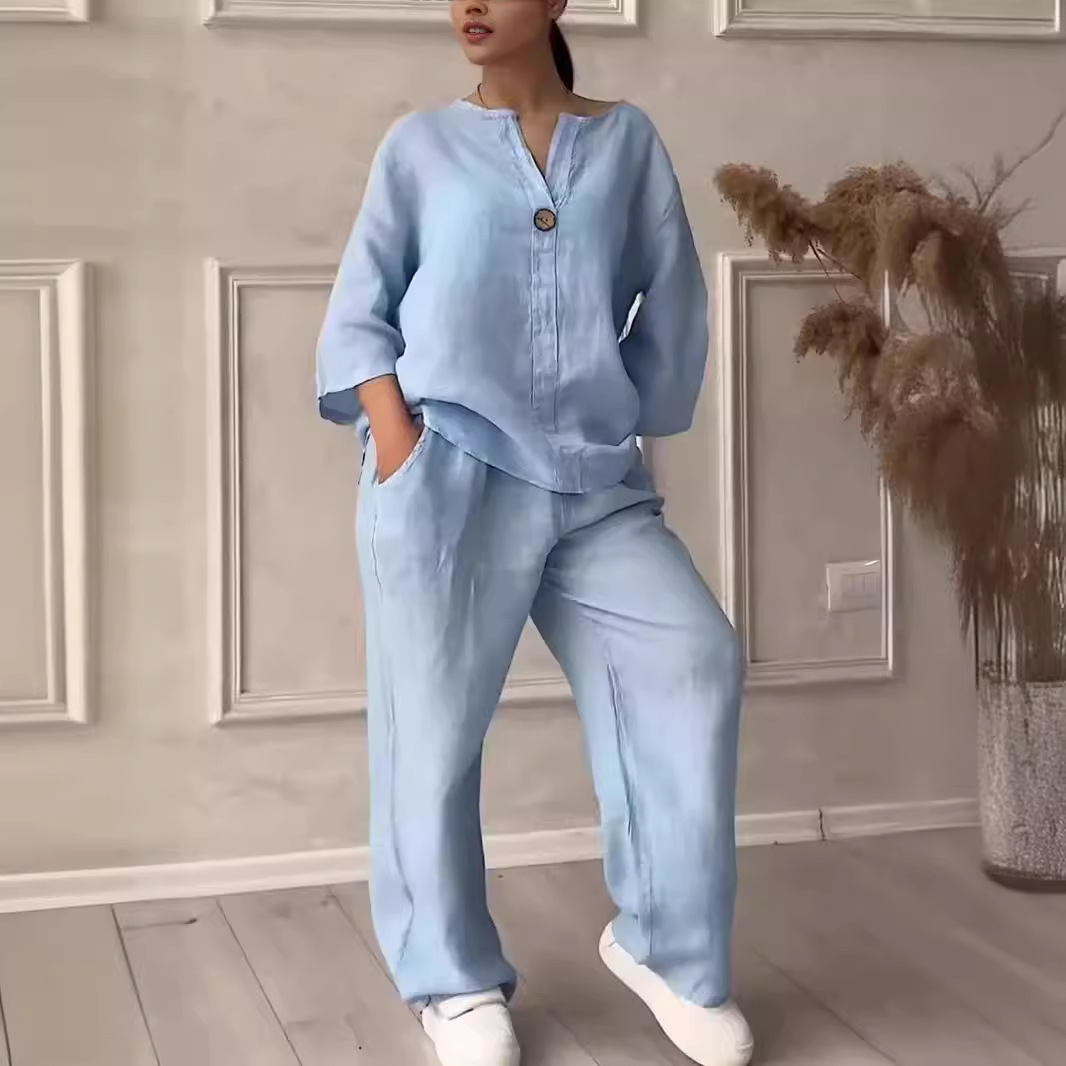 Ensemble décontracté femme en coton et lin avec pantalon large_voghion.com