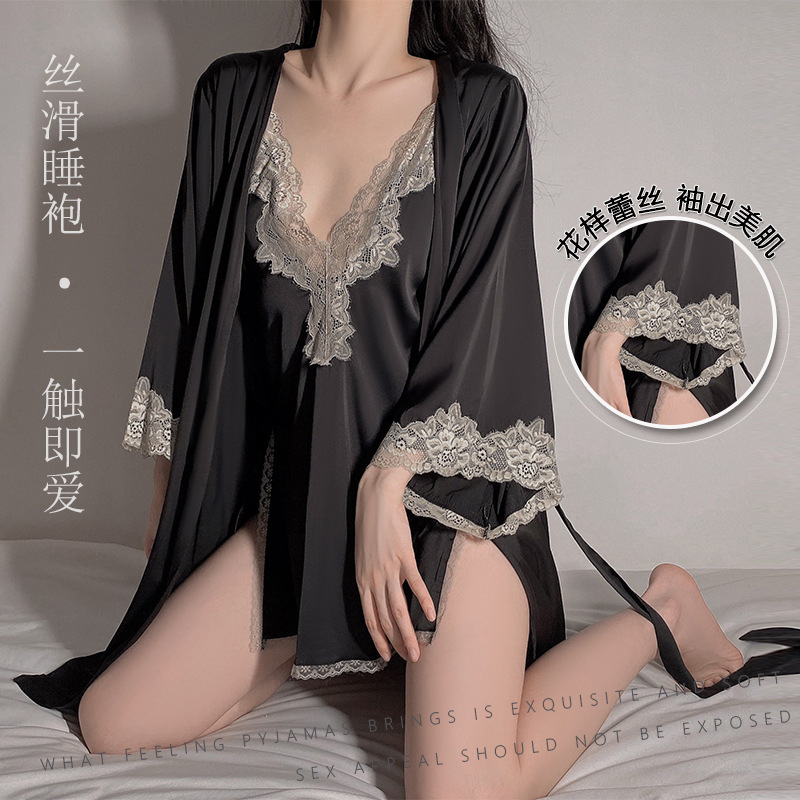 Guiruo Satin Lace Pajamas Sling Nightgown Female Bride Nightgown Lace Bathrobe Home Clothes Set for 272