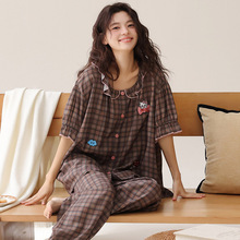 现货发梭织棉质睡衣女夏季短袖长裤开衫直播跨境女士家居服包邮