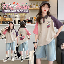 女童小熊polo领短袖套装夏季插肩袖拼色恤牛仔五分裤中裤两件套