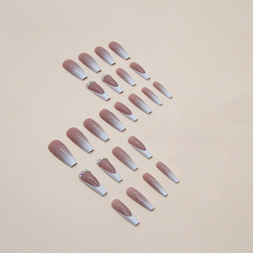 European and American long ballet gradient ins wind pile diamond fake nails white long French ladies special manicure nails