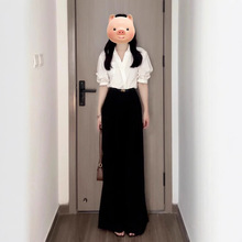 职业套装女夏季2025新款简约白色V领泡泡袖衬衫高腰阔腿裤两件套