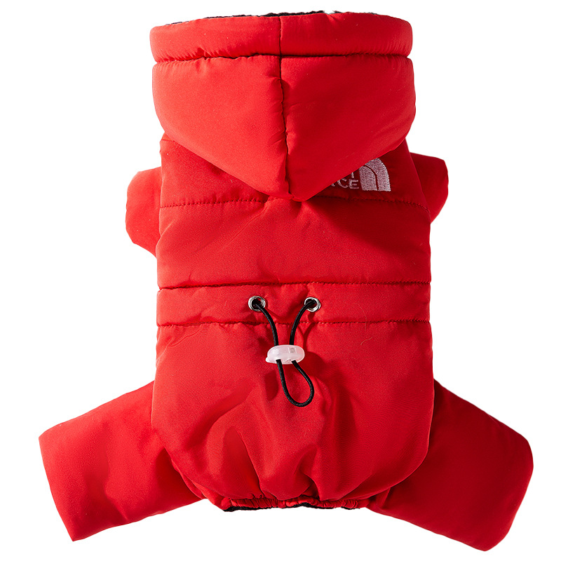 Otoño y invierno perros Año Nuevo rojo cálido color contrastante con capuzas de algodón de cuatro patas a prueba de viento y frío gato ropa de perro