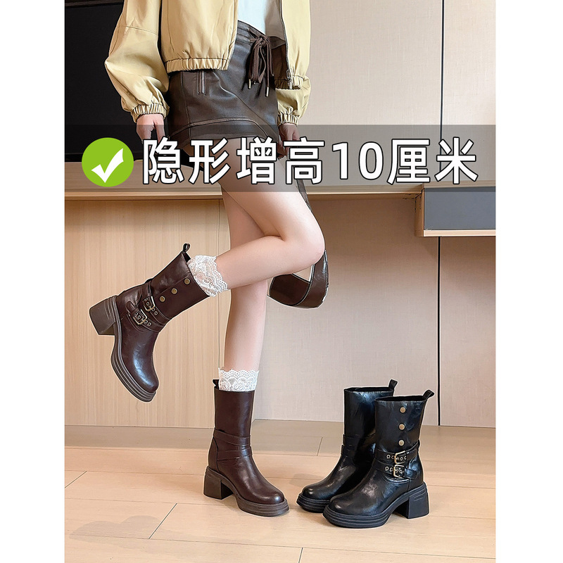 Women's British Style 2025 New Brown Retro Thick-Soled High-Heel 10cm Height-Increasing Martin Boots for Petite Two-Way Wear Short Boots