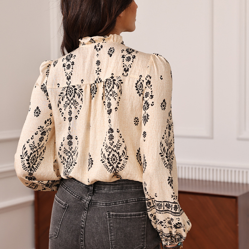 Amazon Europa y Estados Unidos otoño bohemia impresión francesa camisa de mujer cuello de hormigueo comercio exterior transfronterizo ropa de mujer image 5