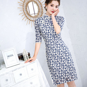 Women chinese dresses retro cheongsam stage performance drama cosplay blue plaid qipao for female lace mid-length evening party photos cheongsam dress