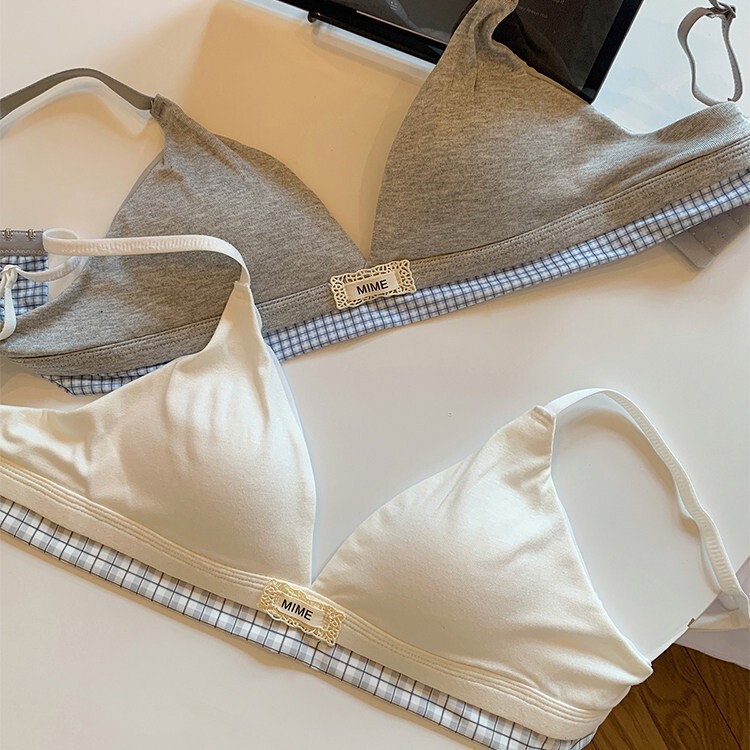 Seamless Triangle Cup Plaid Patchwork Thin Bra for Small Busts, Wireless, Side Support, Anti-Sagging, Breathable Bra