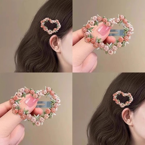 Elegant Pink Flower Hair Clip for Women 2025 Sweet Heart BB Clip Side-Swept Bangs Hairpin Head Accessory