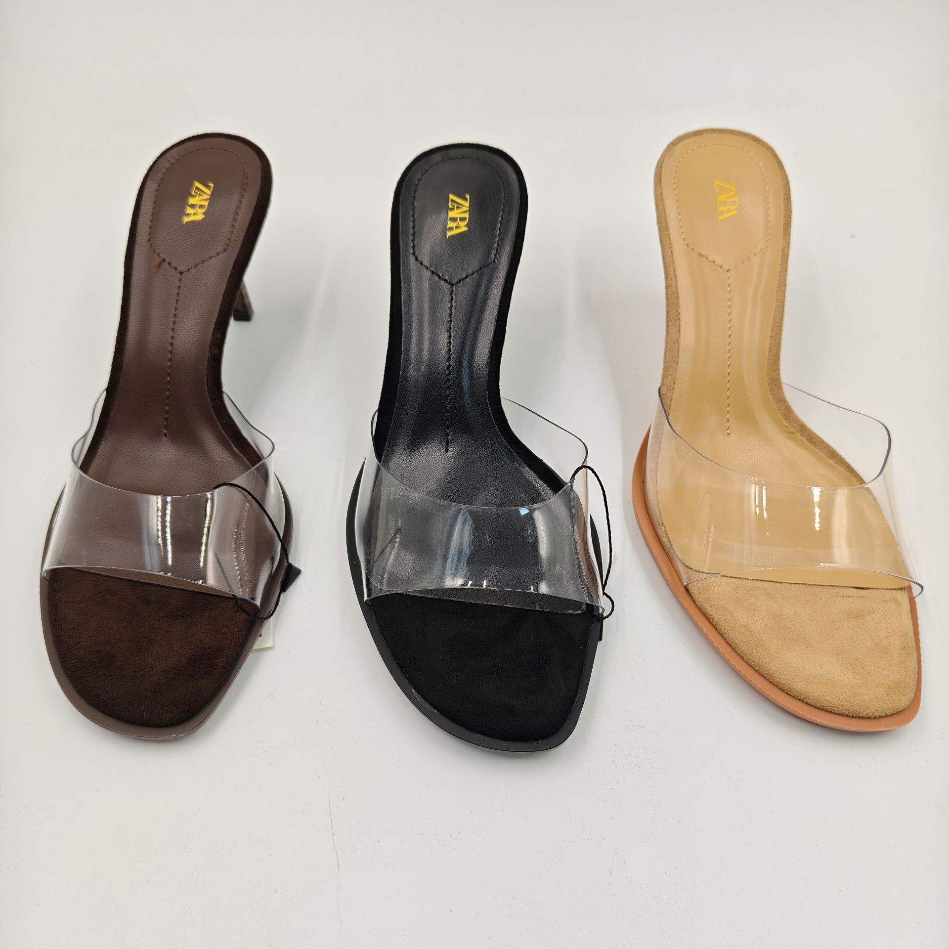  summer 2026 new slim heel high heels for women, PVC transparent straight strap for outdoor fashion, exposed toe back empty sandals