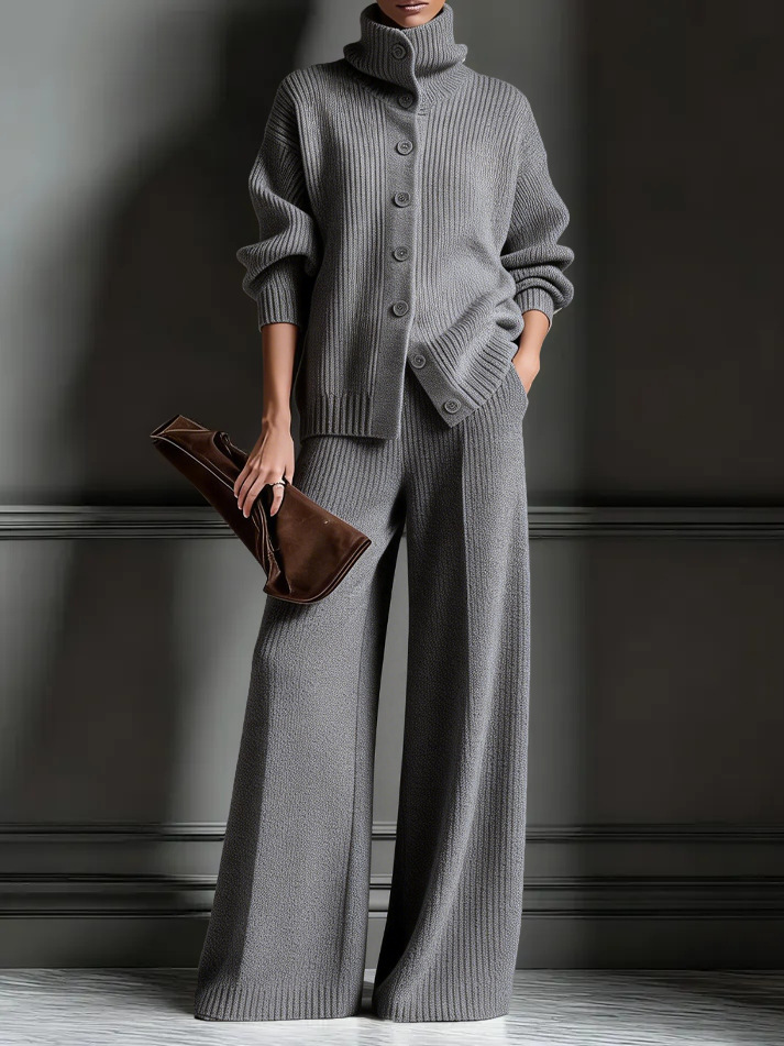 turtleneck Solid Color Cardigan Long-sleeved Top Wide-leg Pants Set Knitted 2-piece Set_ecoleips.com