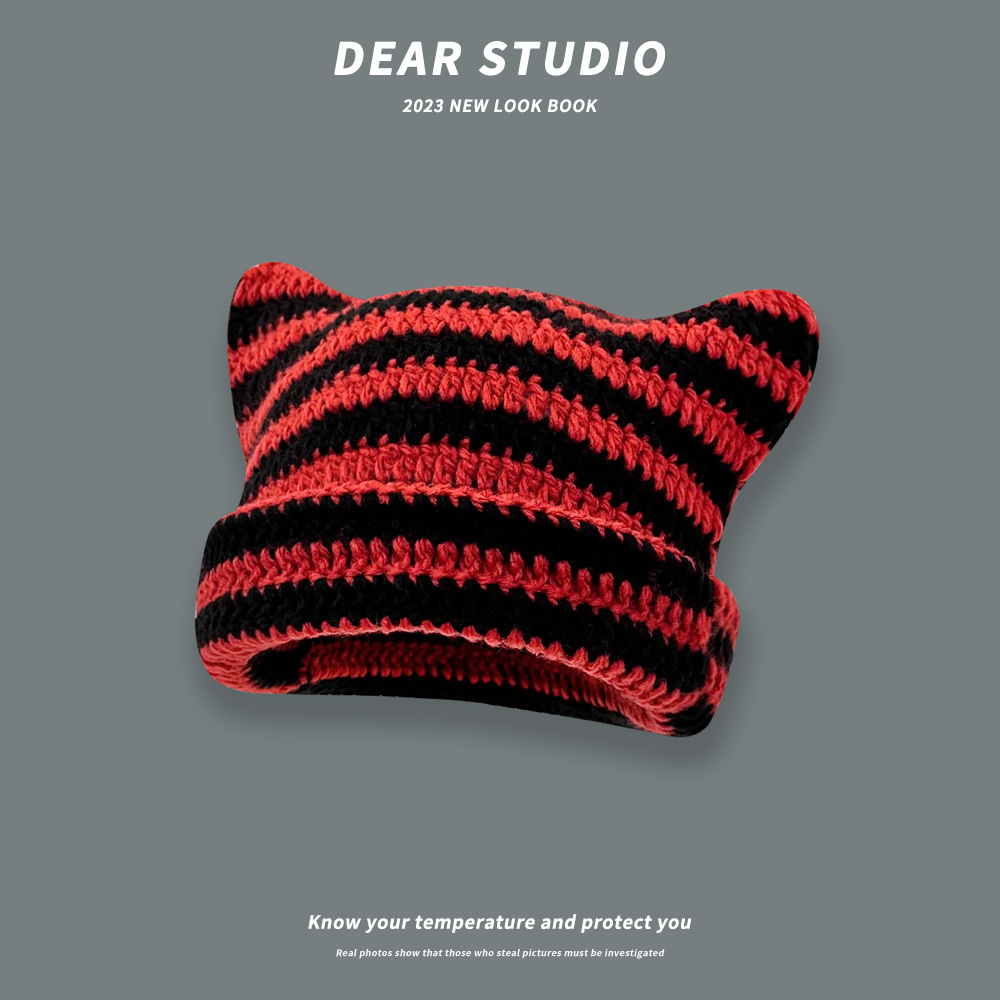 Japonés lindo gato orejas de punto de lana sombrero femenino Otoño e Invierno pequeño diablo a rayas cálido todo-Partido suéter sombrero moda