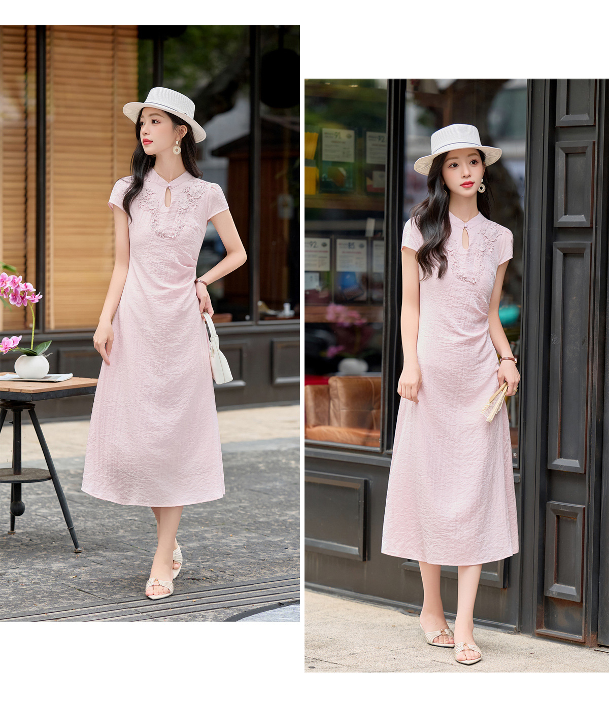 Đầm maxi nữ thắt eo phong cách tân cổ điển họa tiết quốc phong — Màu hồng, màu trắng ngà chi tiết 17